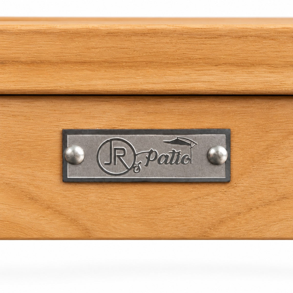 Mila Teak Coffee Table – 40 x 40 – Jr's Patio brand plaque on the teak frame | Jr's Patio San Diego