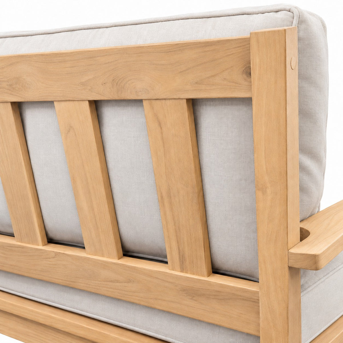 Mila Teak Right-Arm Sectional Chair – slatted teak back detail | Jr's Patio San Diego