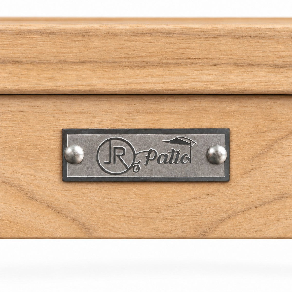 Mila Teak Right-Arm Sectional Chair – Jr's Patio brand plaque on the teak frame | Jr's Patio San Diego