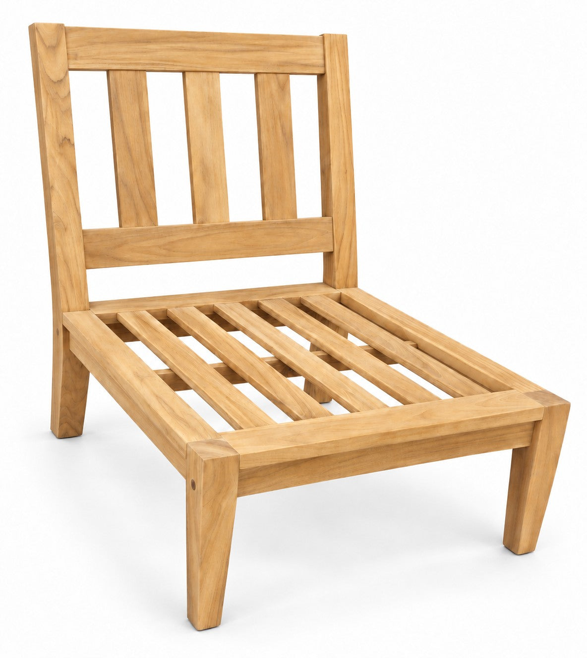 Mila Teak Armless Sectional Chair – solid teak frame without cushions, front view | Jr's Patio San Diego