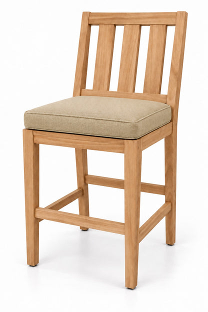 Mila Teak Bar Stool in Sunbrella 48019 Spectrum Sand | Jr's Patio San Diego