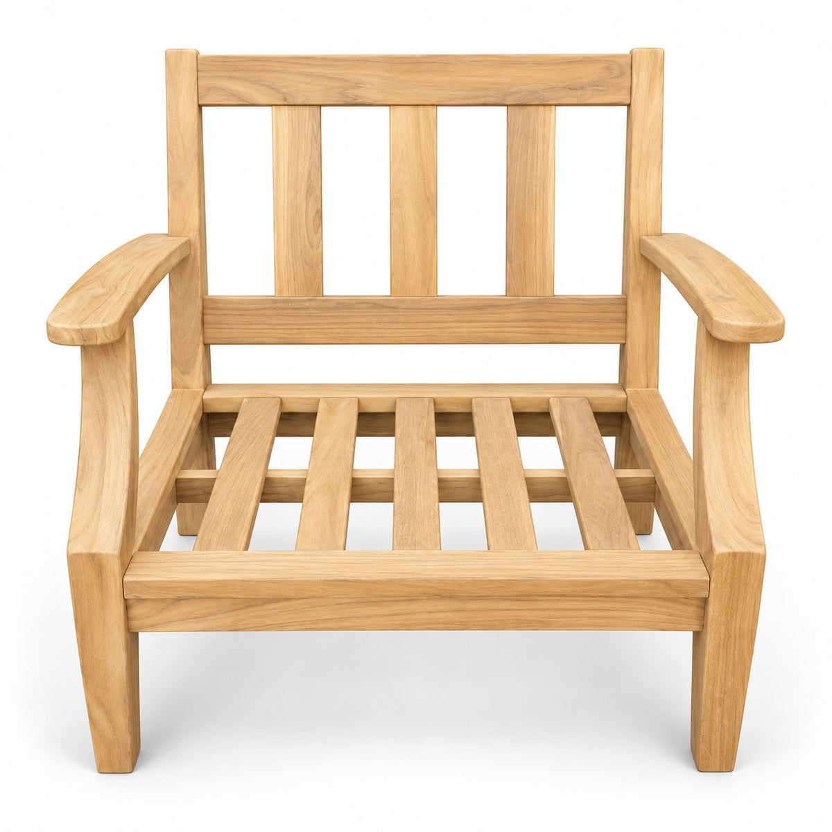 Mila Teak Club Chair – solid teak frame without cushions, front view | Jr's Patio San Diego