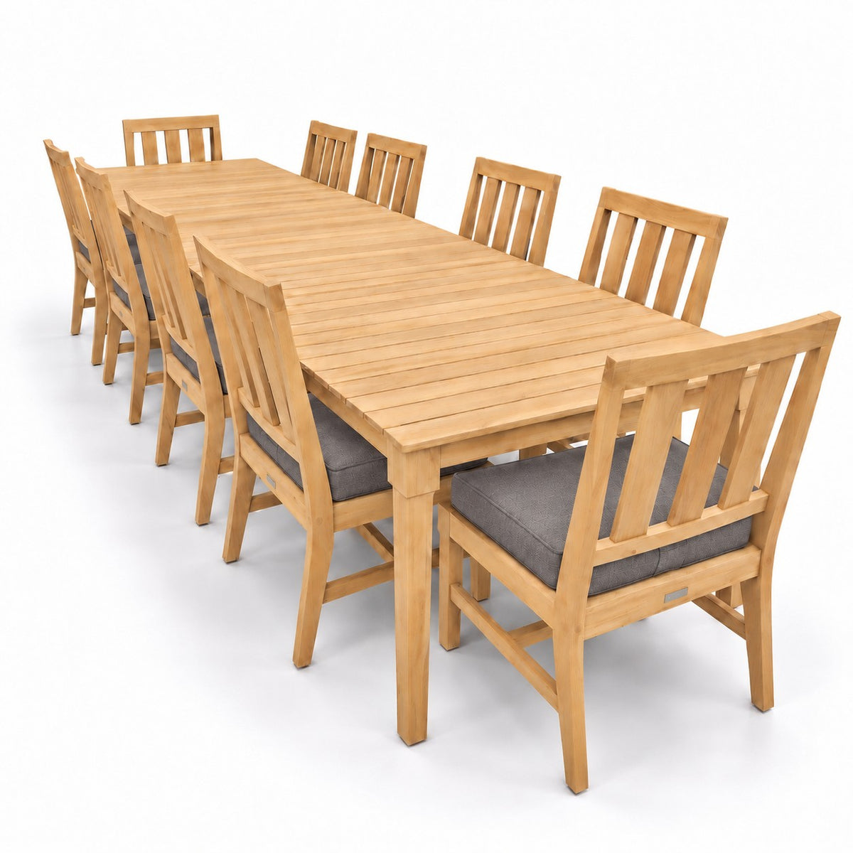 Mila Teak Dining Set – 12 Piece in Sunbrella 40432 Cast Shale | Jr's Patio San Diego