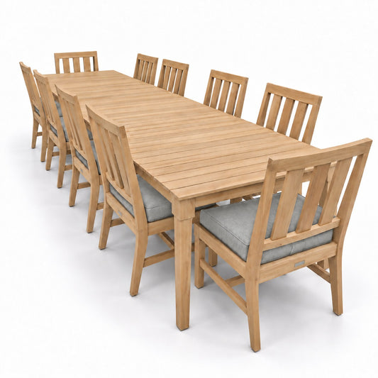 Mila Teak Dining Set – 12 Piece in Sunbrella 5402 Canvas Granite | Jr's Patio San Diego