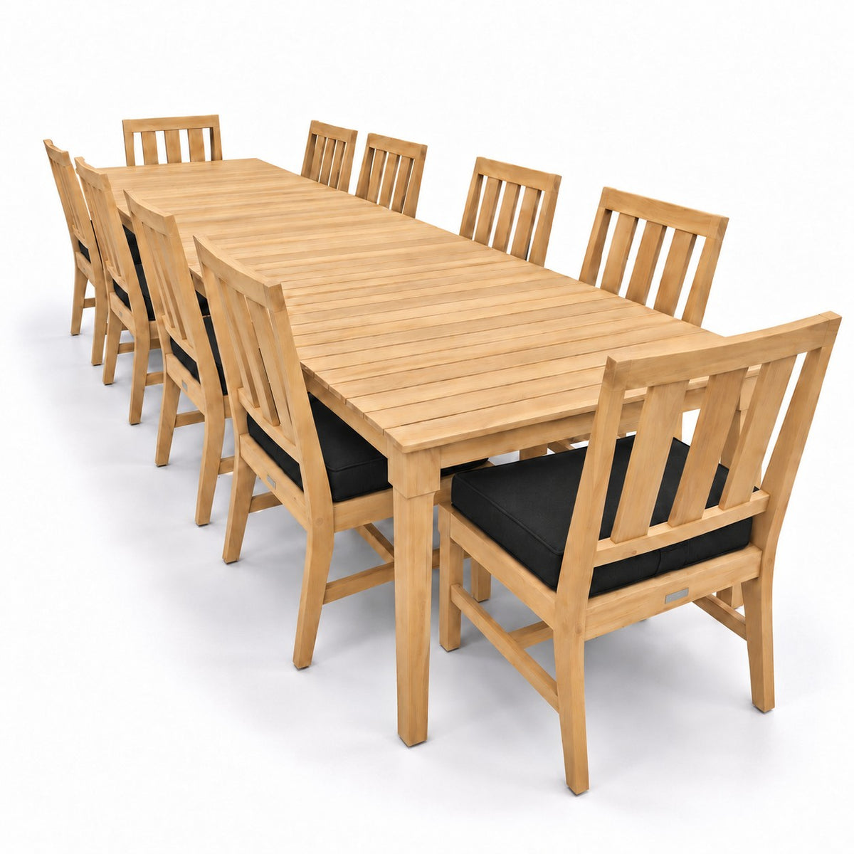 Mila Teak Dining Set – 12 Piece in Sunbrella 5408 Canvas Black | Jr's Patio San Diego