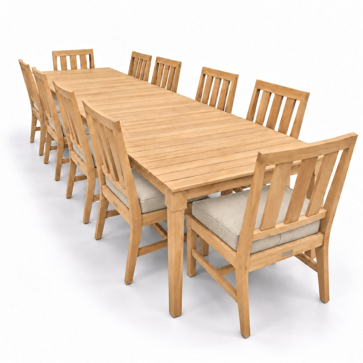 Mila Teak Dining Set – 12 Piece in Sunbrella 5492 Canvas Flax | Jr's Patio San Diego