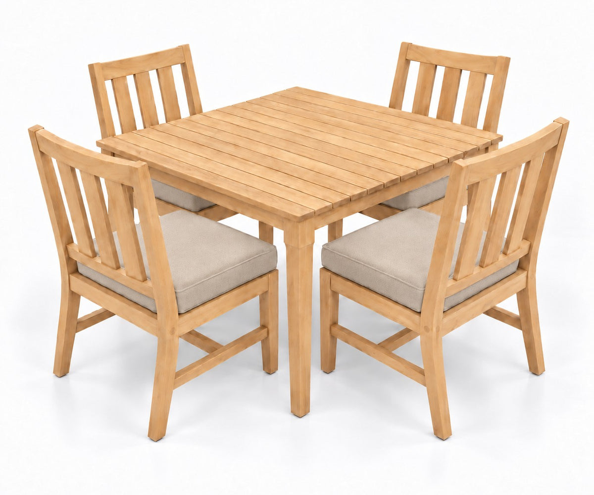 Mila Teak Dining Set – 5 Piece in Sunbrella 48019 Spectrum Sand | Jr's Patio San Diego