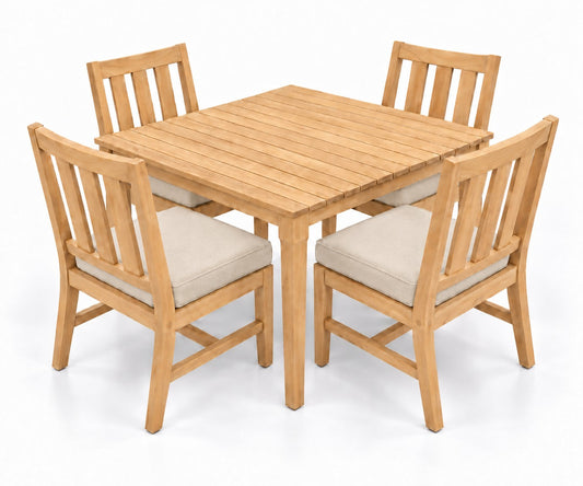 Mila Teak Dining Set – 5 Piece in Sunbrella 5492 Canvas Flax | Jr's Patio San Diego