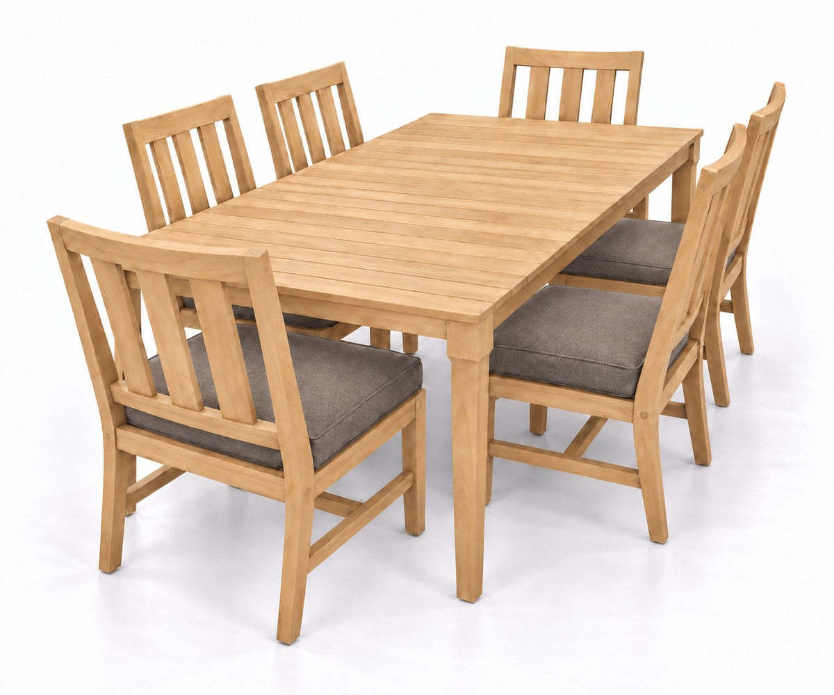 Mila Teak Dining Set – 7 Piece in Sunbrella 40432 Cast Shale | Jr's Patio San Diego