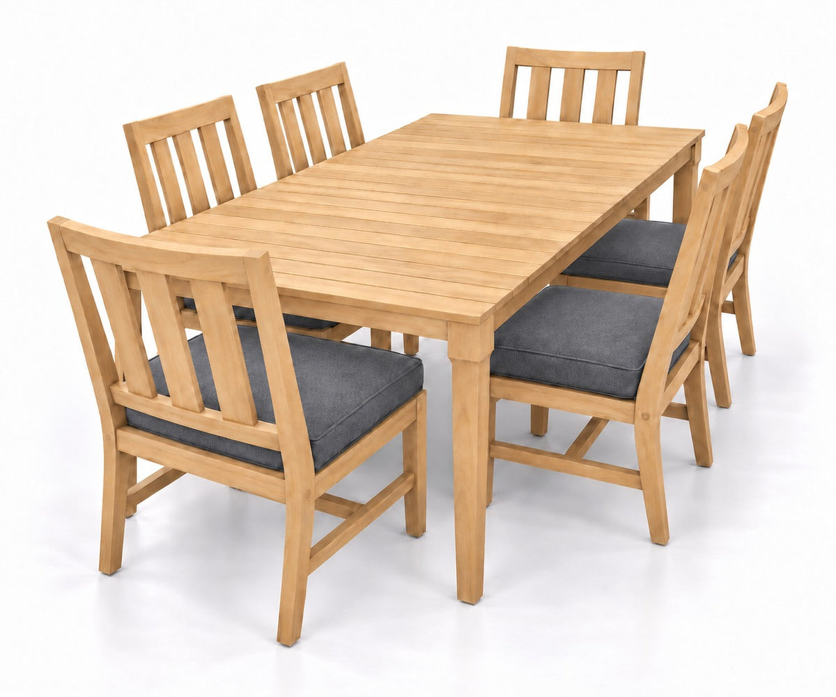 Mila Teak Dining Set – 7 Piece in Sunbrella 40434 Cast Slate | Jr's Patio San Diego