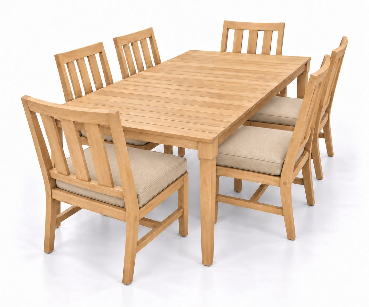Mila Teak Dining Set – 7 Piece in Sunbrella 48019 Spectrum Sand | Jr's Patio San Diego