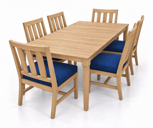 Mila Teak Dining Set – 7 Piece in Sunbrella 5439 Canvas Navy | Jr's Patio San Diego