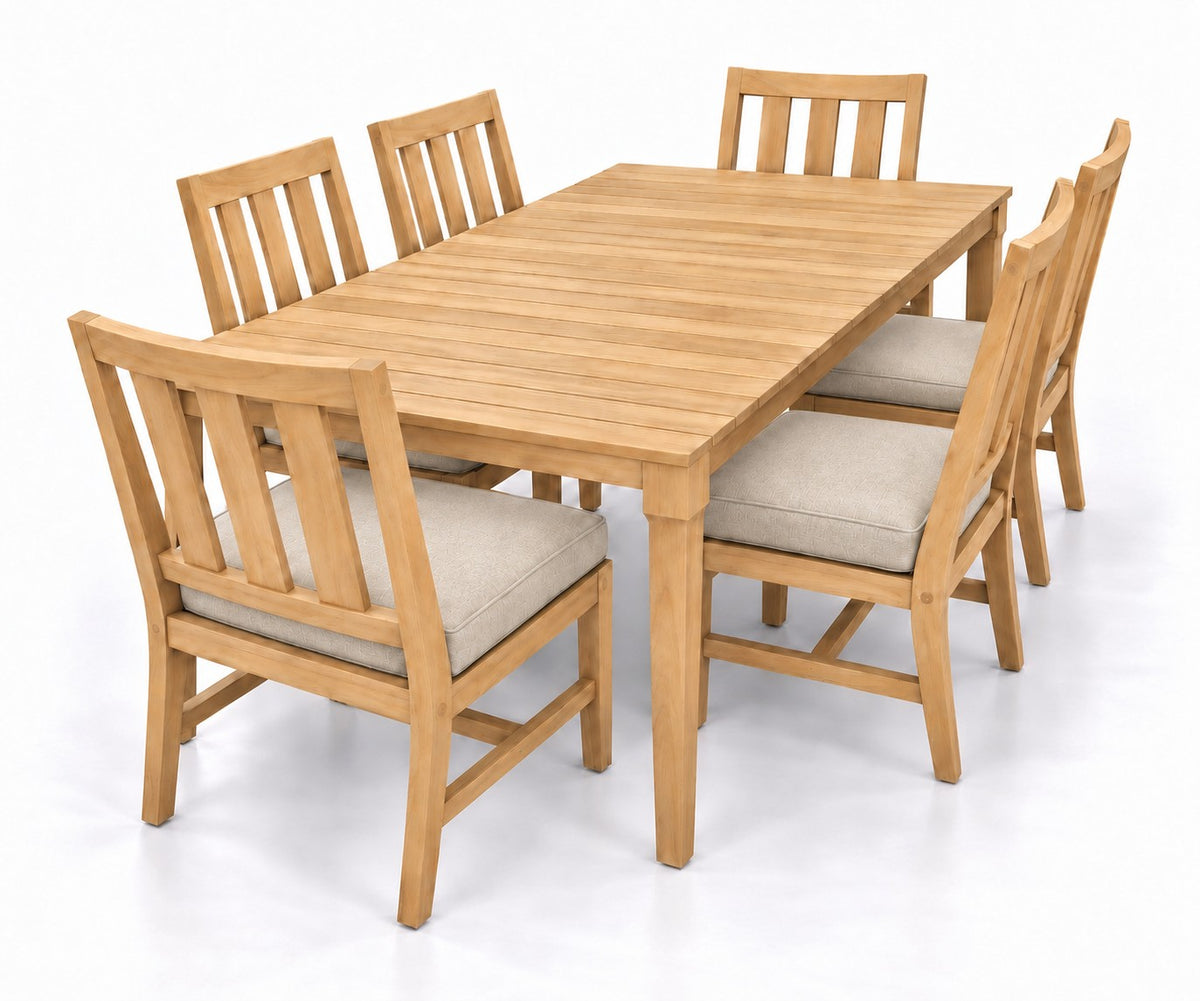 Mila Teak Dining Set – 7 Piece in Sunbrella 5492 Canvas Flax | Jr's Patio San Diego