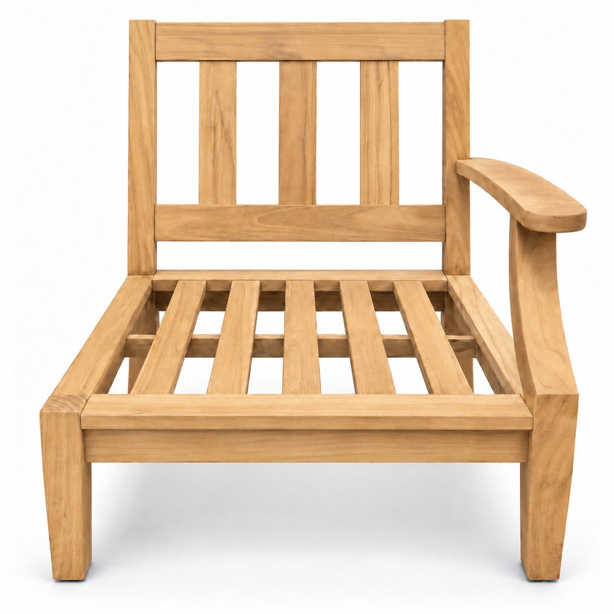Mila Teak Left-Arm Sectional Chair – solid teak frame without cushions, front view | Jr's Patio San Diego