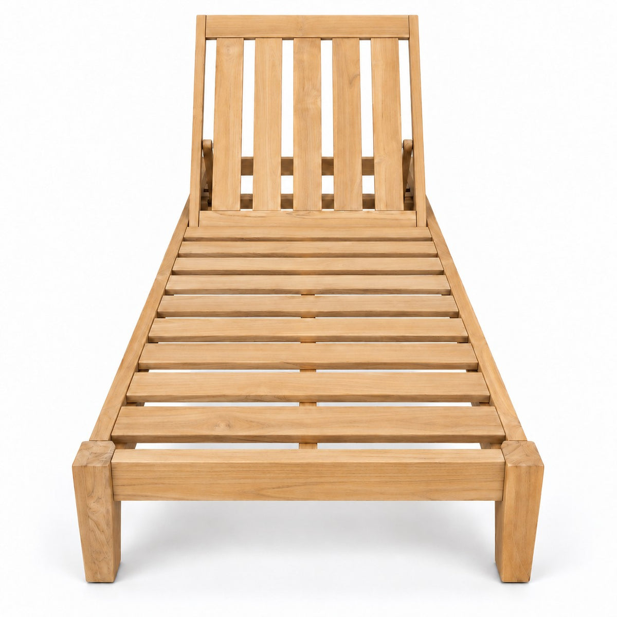 Mila Teak Lounger – solid teak frame without cushions, front view | Jr's Patio San Diego