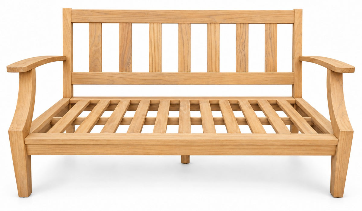 Mila Teak Loveseat – solid teak frame without cushions, front view | Jr's Patio San Diego