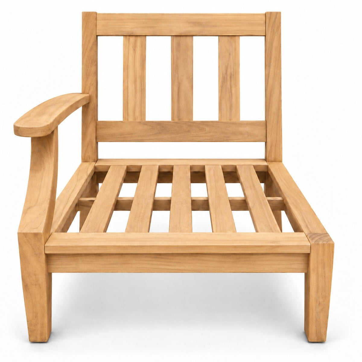 Mila Teak Right-Arm Sectional Chair – solid teak frame without cushions, front view | Jr's Patio San Diego