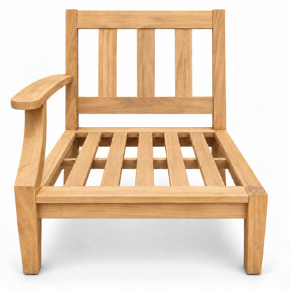 Mila Teak Right-Arm Sectional Chair – solid teak frame without cushions, front view | Jr's Patio San Diego