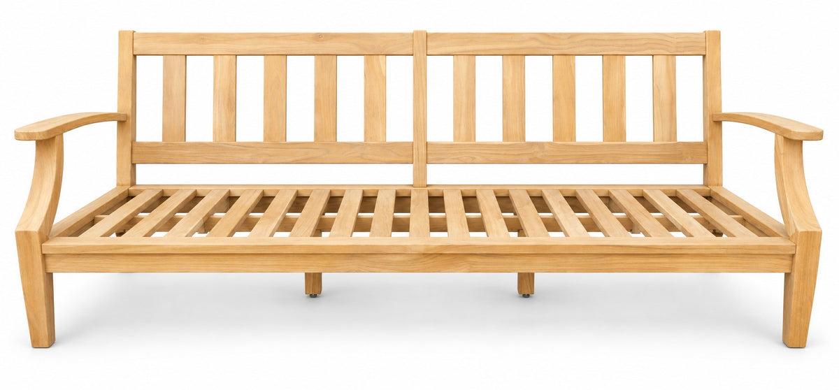 Mila Teak Sofa – solid teak frame without cushions, front view | Jr's Patio San Diego