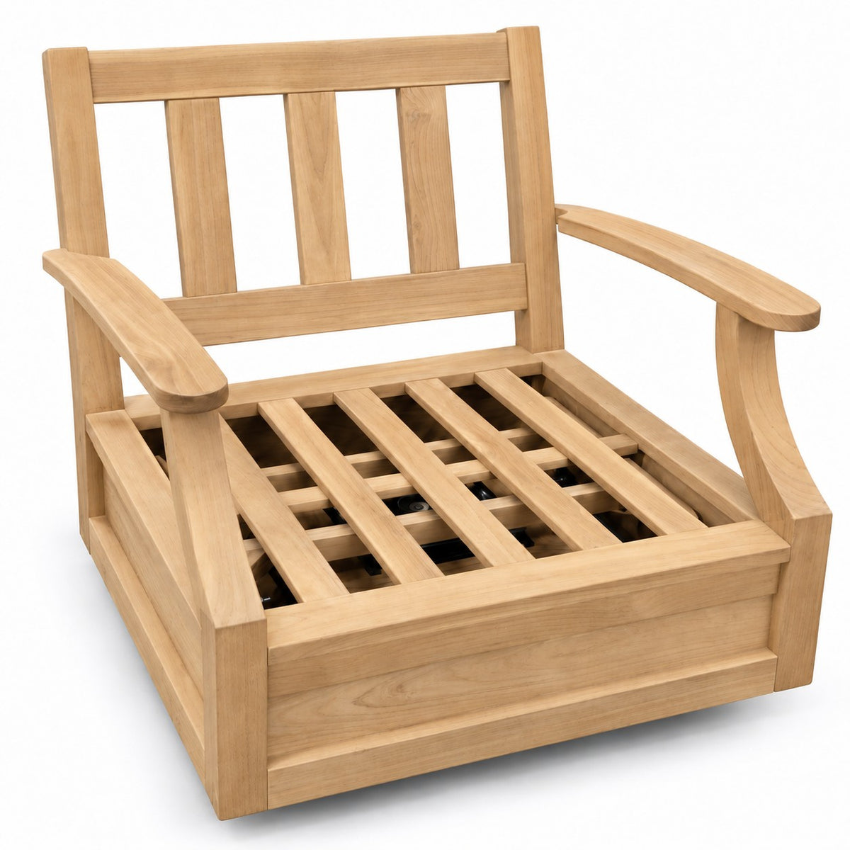 Mila Teak Swivel Club Chair – solid teak frame without cushions, front view | Jr's Patio San Diego