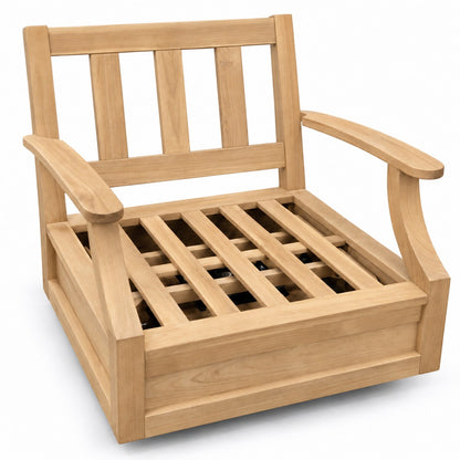Mila Teak Swivel Club Chair – solid teak frame without cushions, front view | Jr's Patio San Diego