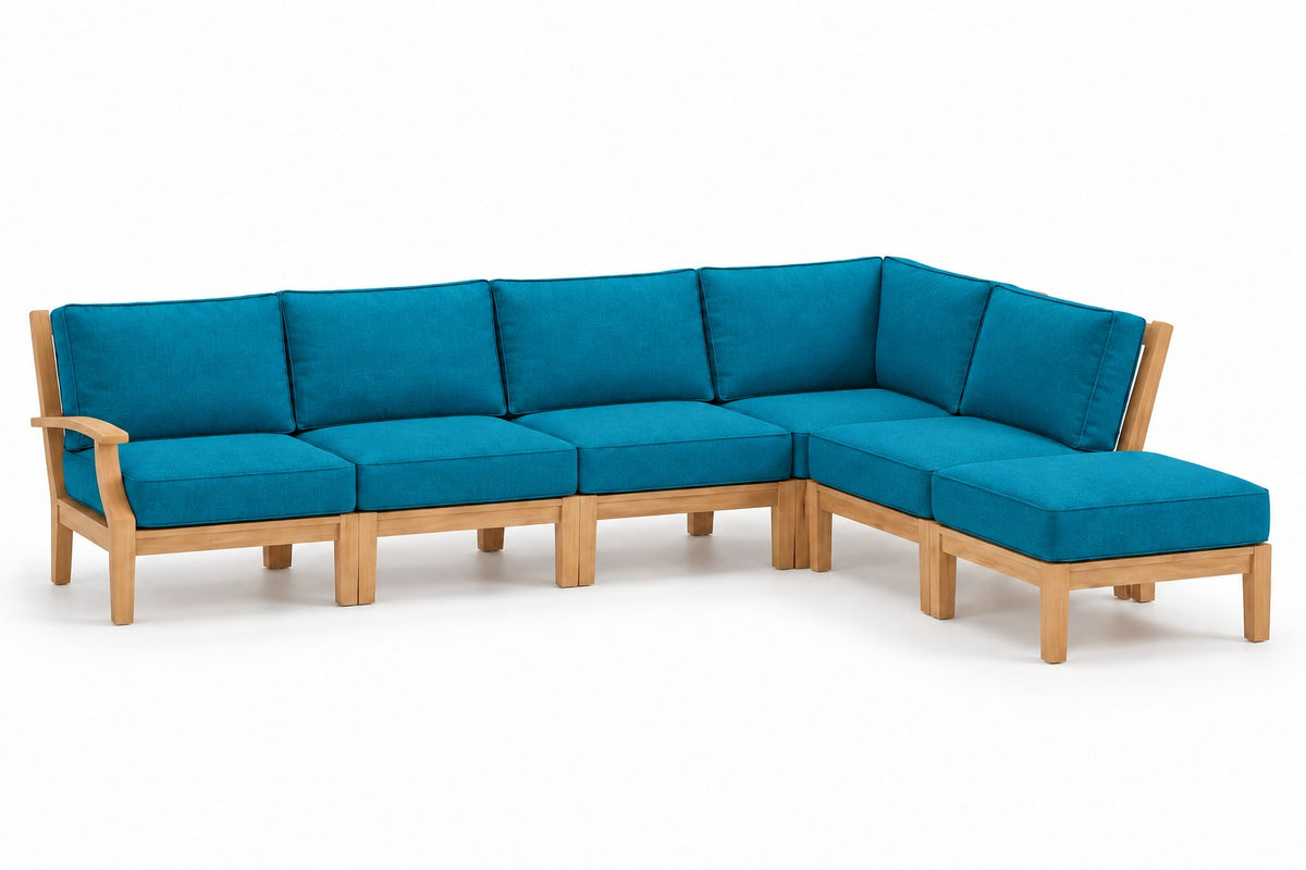 Mila Teak Outdoor Right-Arm Sectional Set – 6 Piece in Olefin Blue & Green | Jr's Patio San Diego