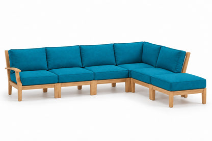 Mila Teak Outdoor Right-Arm Sectional Set – 6 Piece in Olefin Blue & Green | Jr's Patio San Diego
