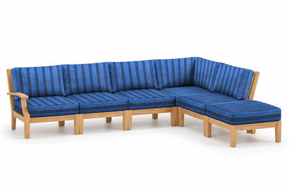 Mila Teak Outdoor Right-Arm Sectional Set – 6 Piece in Olefin Blue Stripe | Jr's Patio San Diego