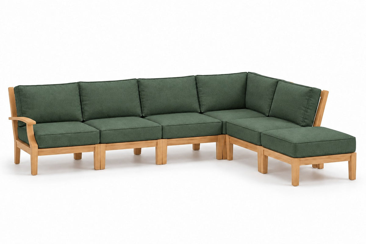 Mila Teak Outdoor Right-Arm Sectional Set – 6 Piece in Olefin Dark Green | Jr's Patio San Diego