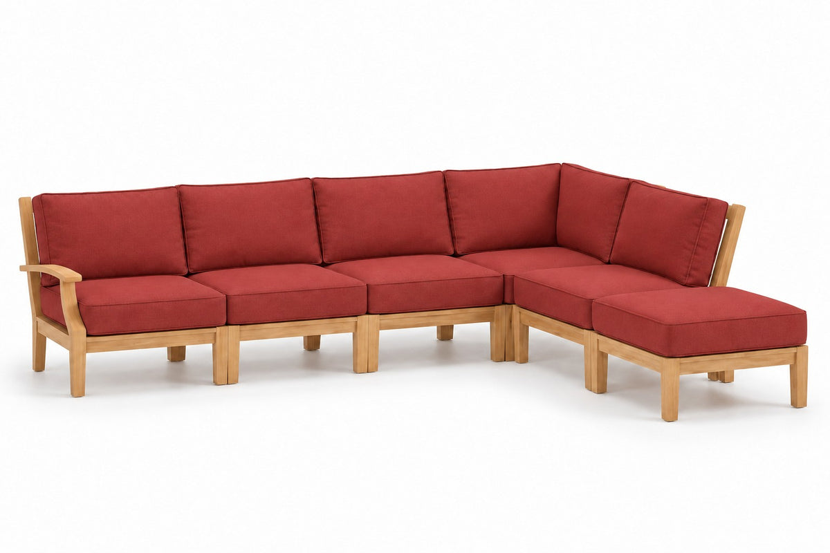Mila Teak Outdoor Right-Arm Sectional Set – 6 Piece in Olefin Red | Jr's Patio San Diego