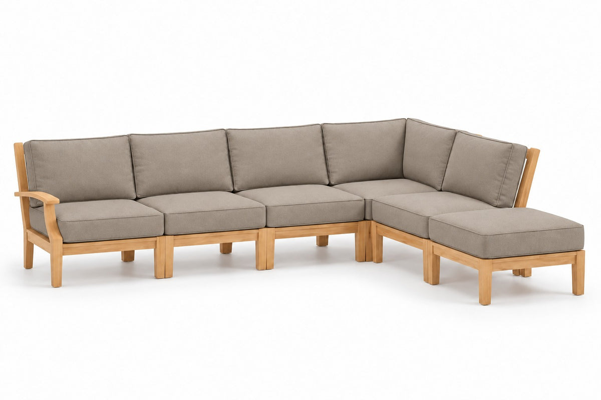 Mila Teak Outdoor Right-Arm Sectional Set – 6 Piece in Olefin Tan & Brown | Jr's Patio San Diego