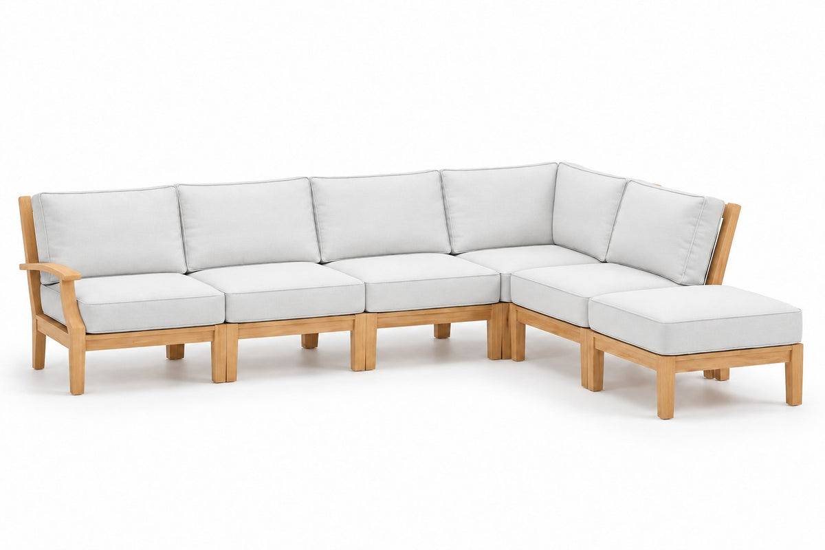Mila Teak Outdoor Right-Arm Sectional Set – 6 Piece in Olefin White | Jr's Patio San Diego
