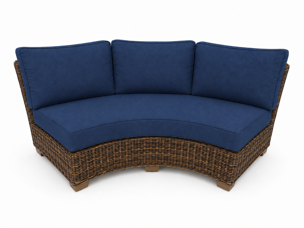 Seacoast Wicker Curved Sectional Piece in brown wicker, Canvas Navy (5439)