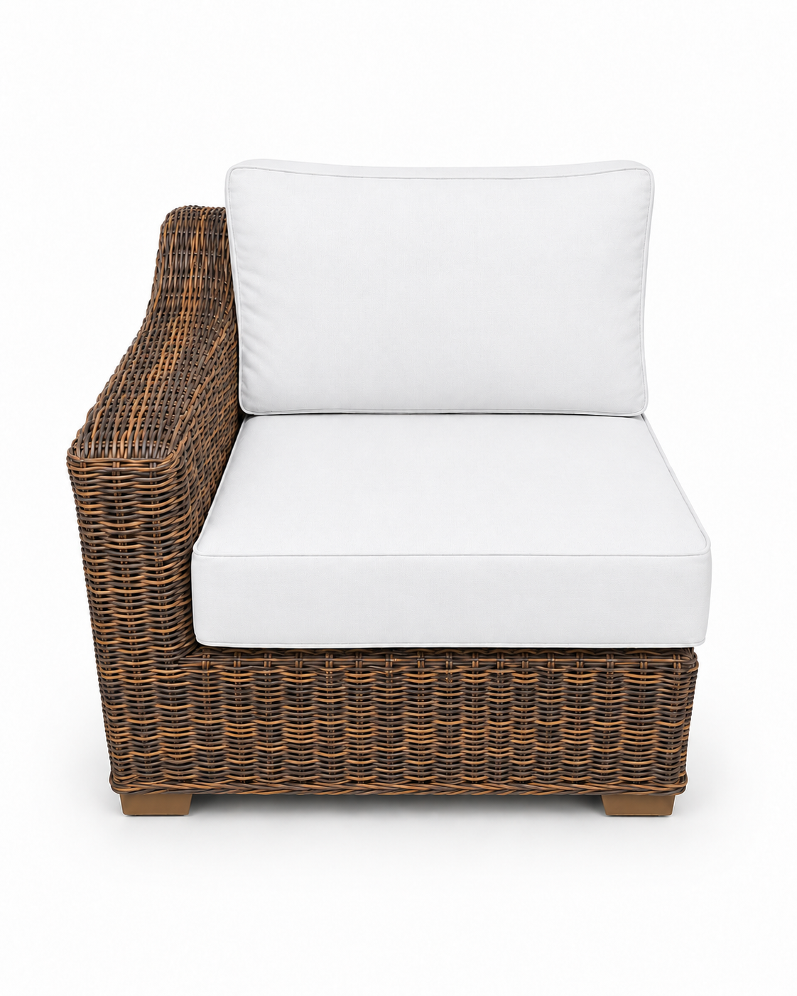 Seacoast Wicker Right-Arm Chair in brown wicker, Olefin White