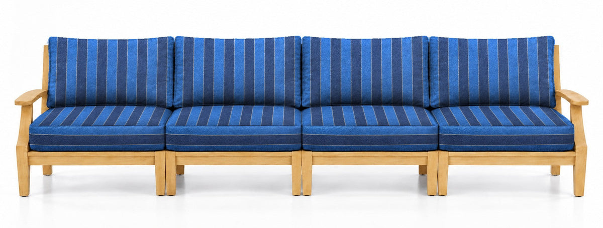 Mila Teak Outdoor 4-Seat Sofa in Olefin Blue Stripe | Jr's Patio San Diego