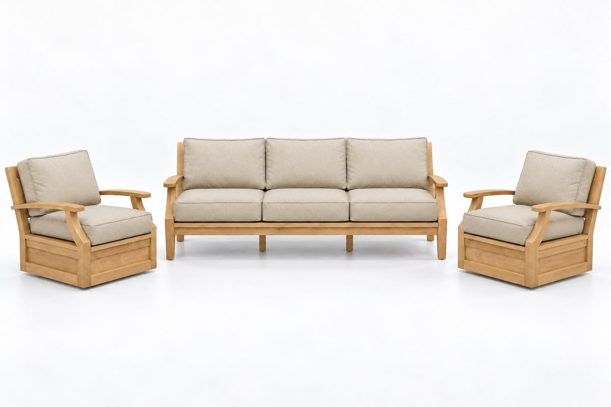 Mila Teak Outdoor Sofa & Swivel Chair Set – 3 Piece in Olefin Beige | Jr's Patio San Diego