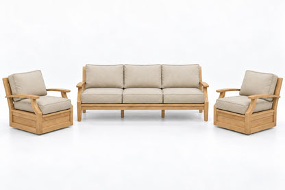 Mila Teak Outdoor Sofa & Swivel Chair Set – 3 Piece in Olefin Beige | Jr's Patio San Diego