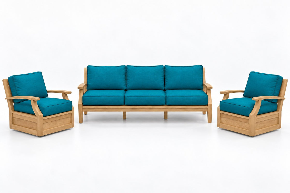 Mila Teak Outdoor Sofa & Swivel Chair Set – 3 Piece in Olefin Blue & Green | Jr's Patio San Diego