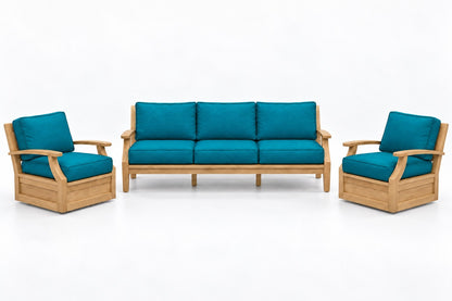 Mila Teak Outdoor Sofa & Swivel Chair Set – 3 Piece in Olefin Blue & Green | Jr's Patio San Diego
