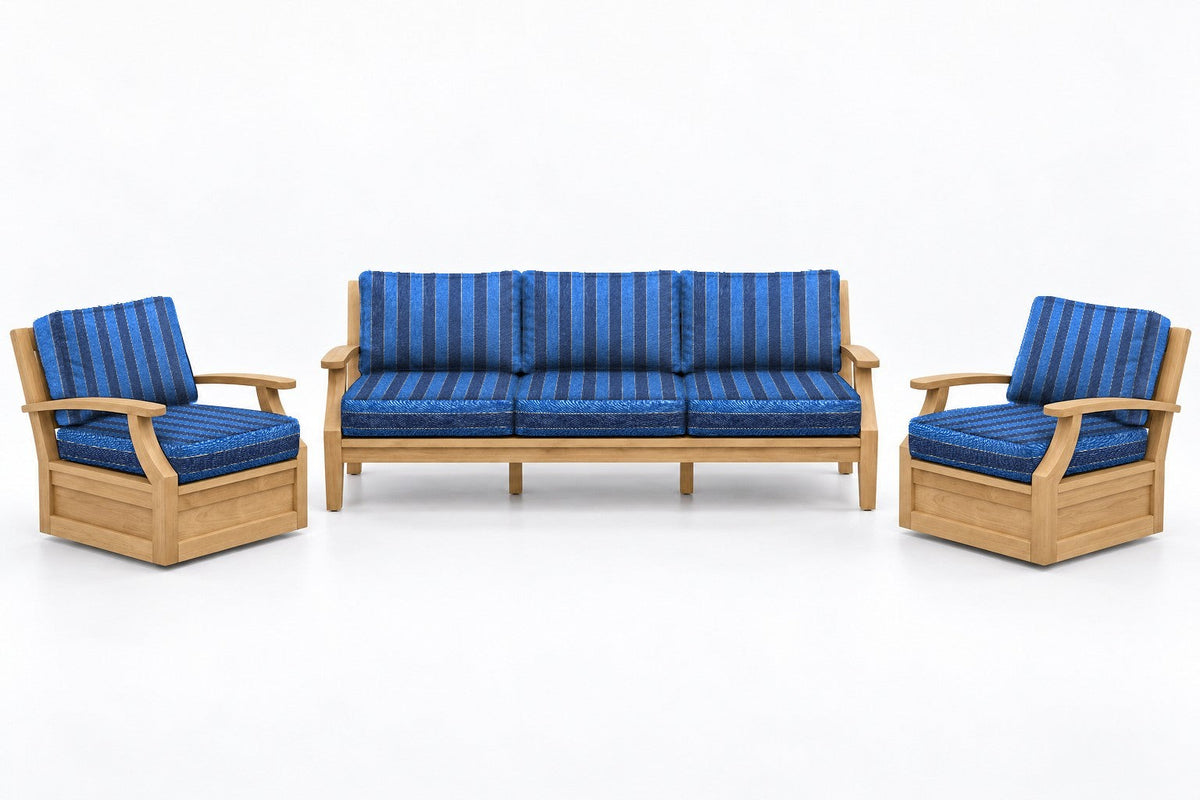 Mila Teak Outdoor Sofa & Swivel Chair Set – 3 Piece in Olefin Blue Stripe | Jr's Patio San Diego