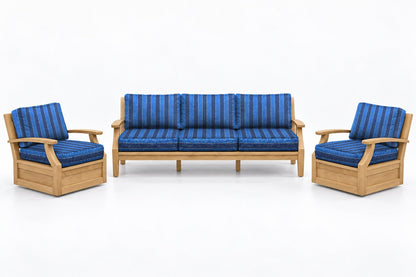 Mila Teak Outdoor Sofa & Swivel Chair Set – 3 Piece in Olefin Blue Stripe | Jr's Patio San Diego