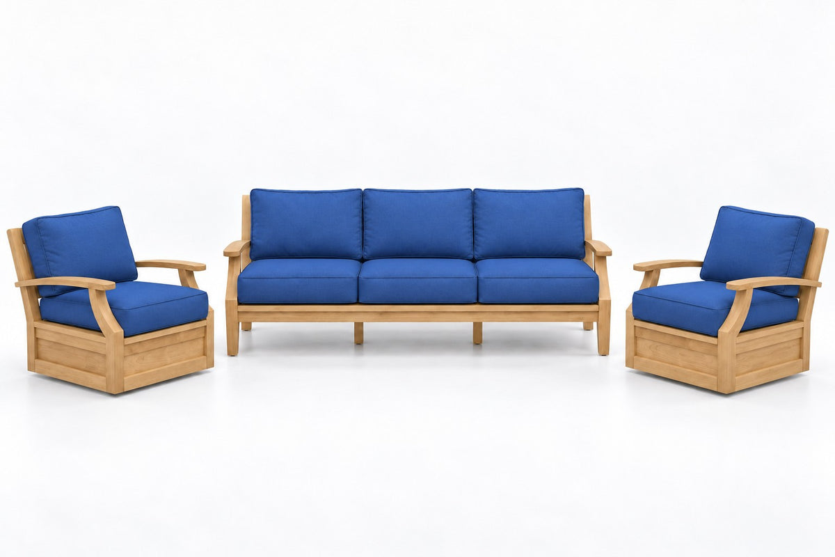 Mila Teak Outdoor Sofa & Swivel Chair Set – 3 Piece in Olefin Blue | Jr's Patio San Diego
