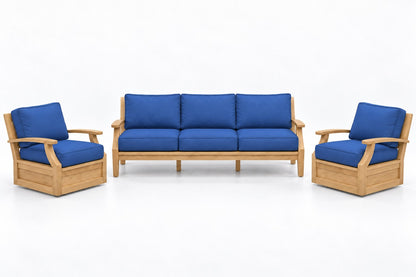 Mila Teak Outdoor Sofa & Swivel Chair Set – 3 Piece in Olefin Blue | Jr's Patio San Diego