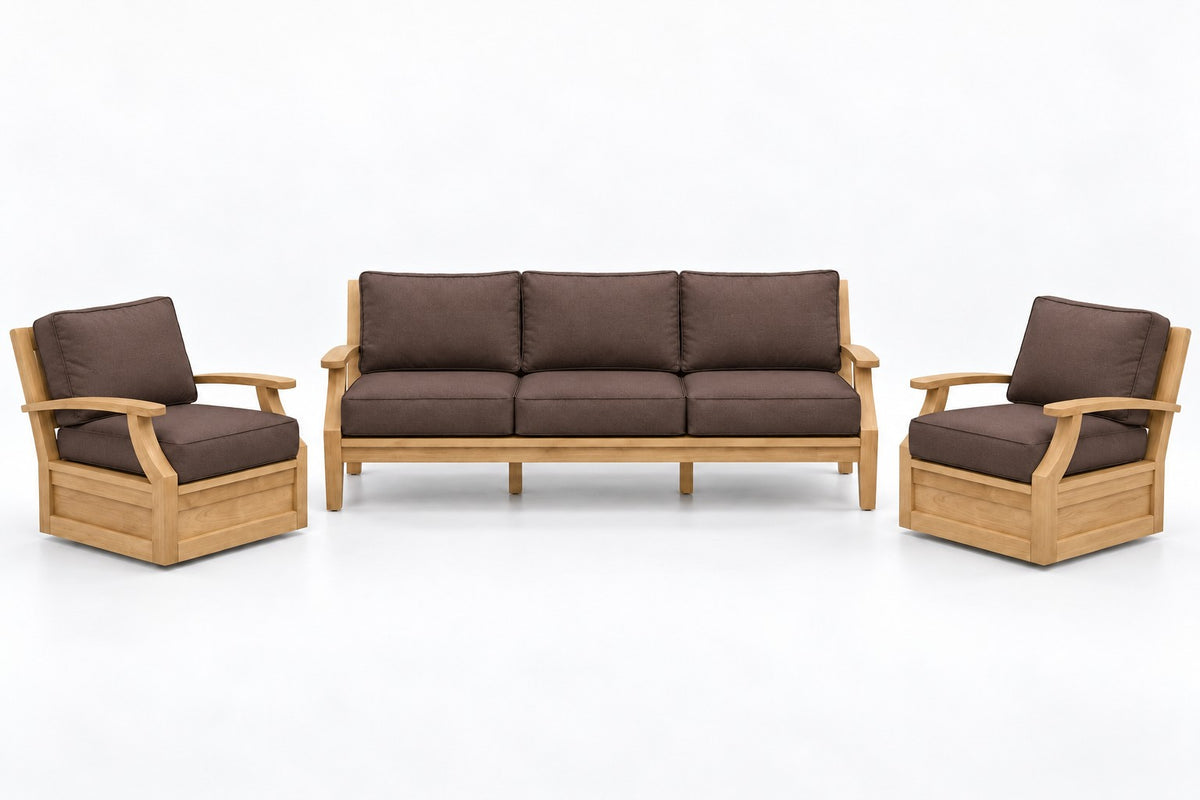 Mila Teak Outdoor Sofa & Swivel Chair Set – 3 Piece in Olefin Dark Brown | Jr's Patio San Diego