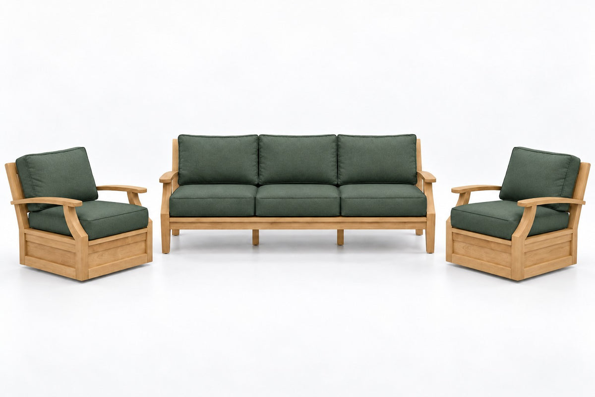 Mila Teak Outdoor Sofa & Swivel Chair Set – 3 Piece in Olefin Dark Green | Jr's Patio San Diego