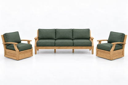 Mila Teak Outdoor Sofa & Swivel Chair Set – 3 Piece in Olefin Dark Green | Jr's Patio San Diego
