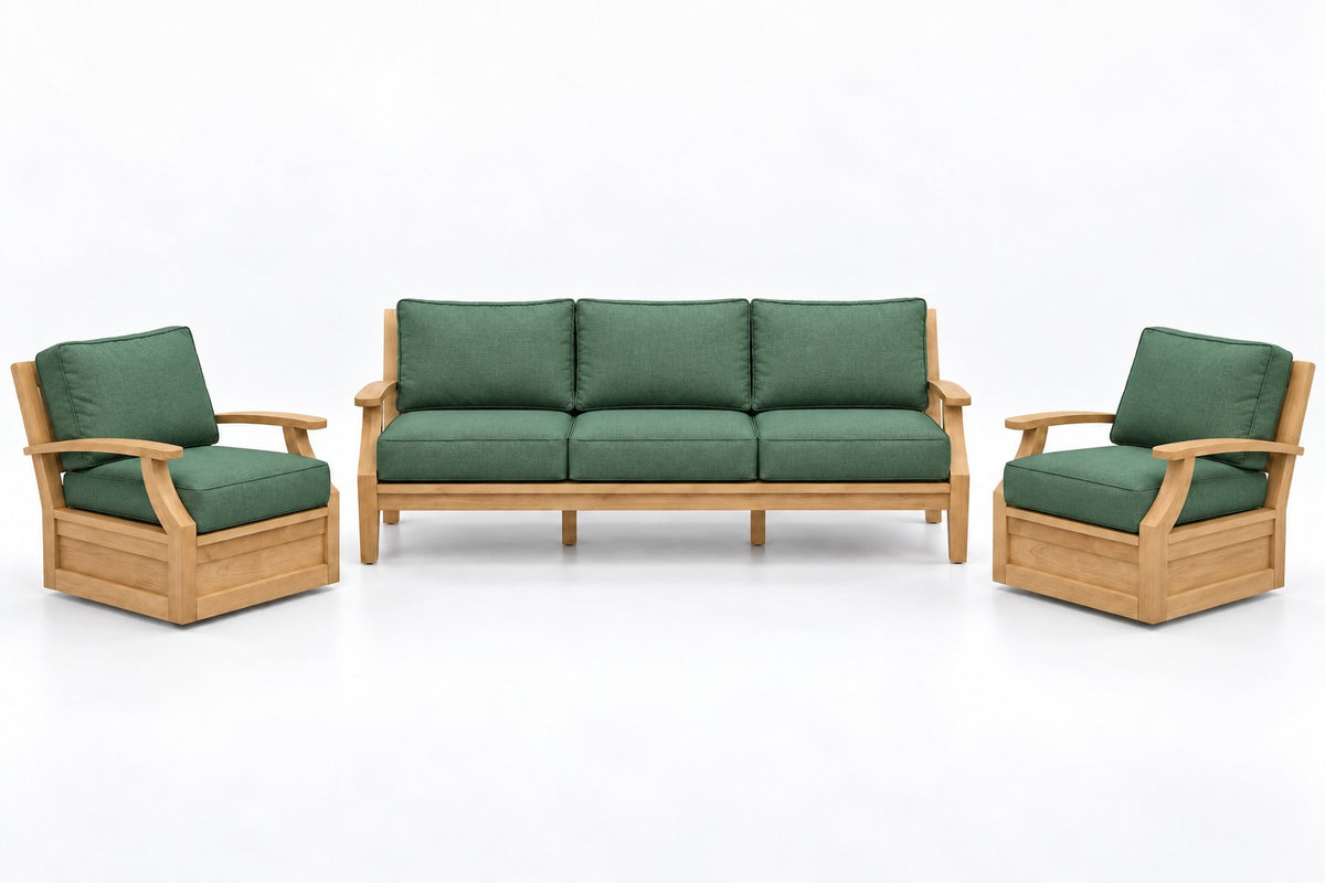 Mila Teak Outdoor Sofa & Swivel Chair Set – 3 Piece in Olefin Green | Jr's Patio San Diego