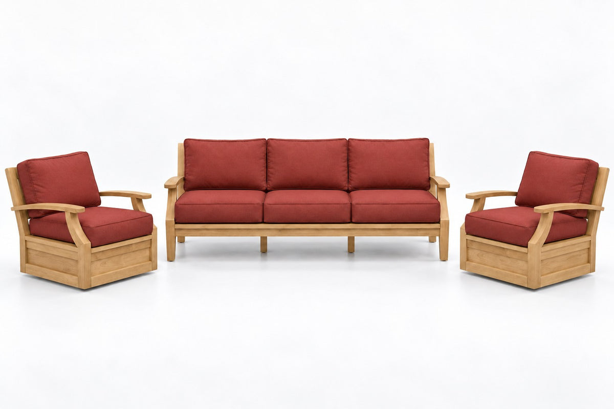 Mila Teak Outdoor Sofa & Swivel Chair Set – 3 Piece in Olefin Red | Jr's Patio San Diego