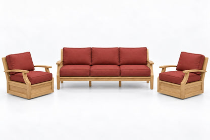 Mila Teak Outdoor Sofa & Swivel Chair Set – 3 Piece in Olefin Red | Jr's Patio San Diego