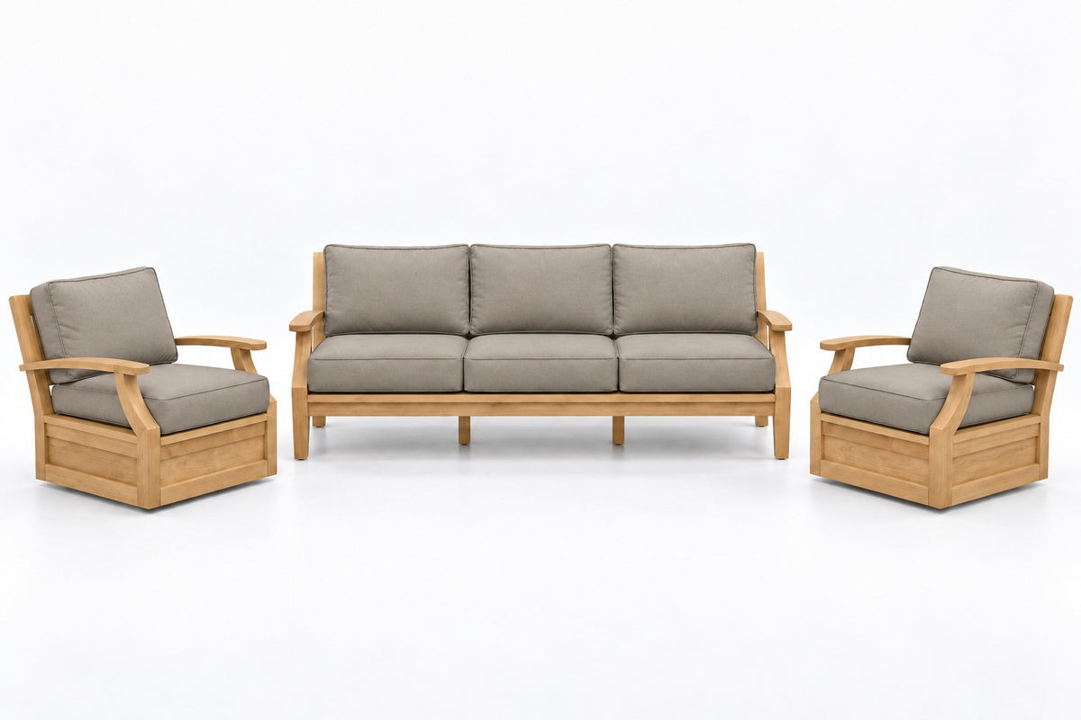 Mila Teak Outdoor Sofa & Swivel Chair Set – 3 Piece in Olefin Tan & Brown | Jr's Patio San Diego